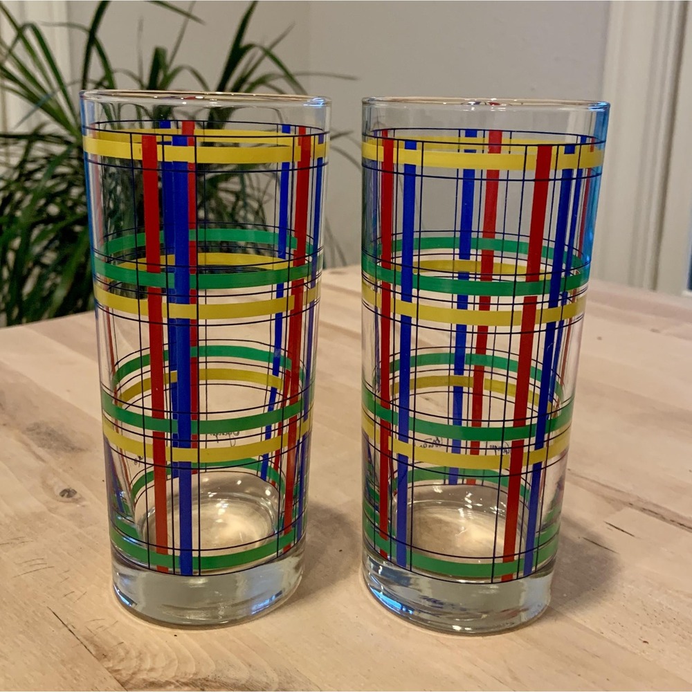 1970s Colorful Plaid George Briard Highball Glasses Set of 2